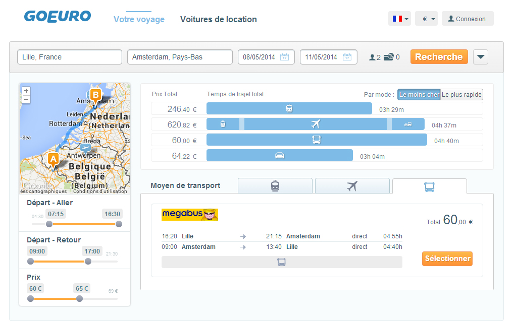 Page de résultats du site de comparaison de voyage GoEuro - planete3w Page de résultats du site de comparaison de voyage GoEuro - planete3w