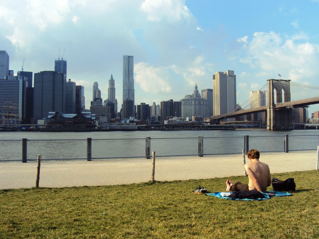 La vue sur la SkyLine depuis le parc le long de l'East River à Brooklyn (New York)