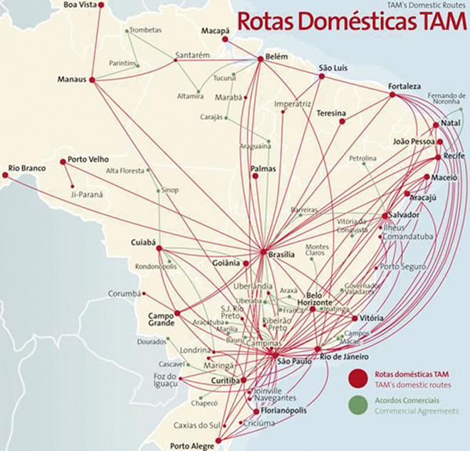 La carte des vols de la TAM au Brésil
