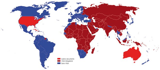 La carte des pays demandant un visa aux Français (pour les séjours de moins de trois mois)